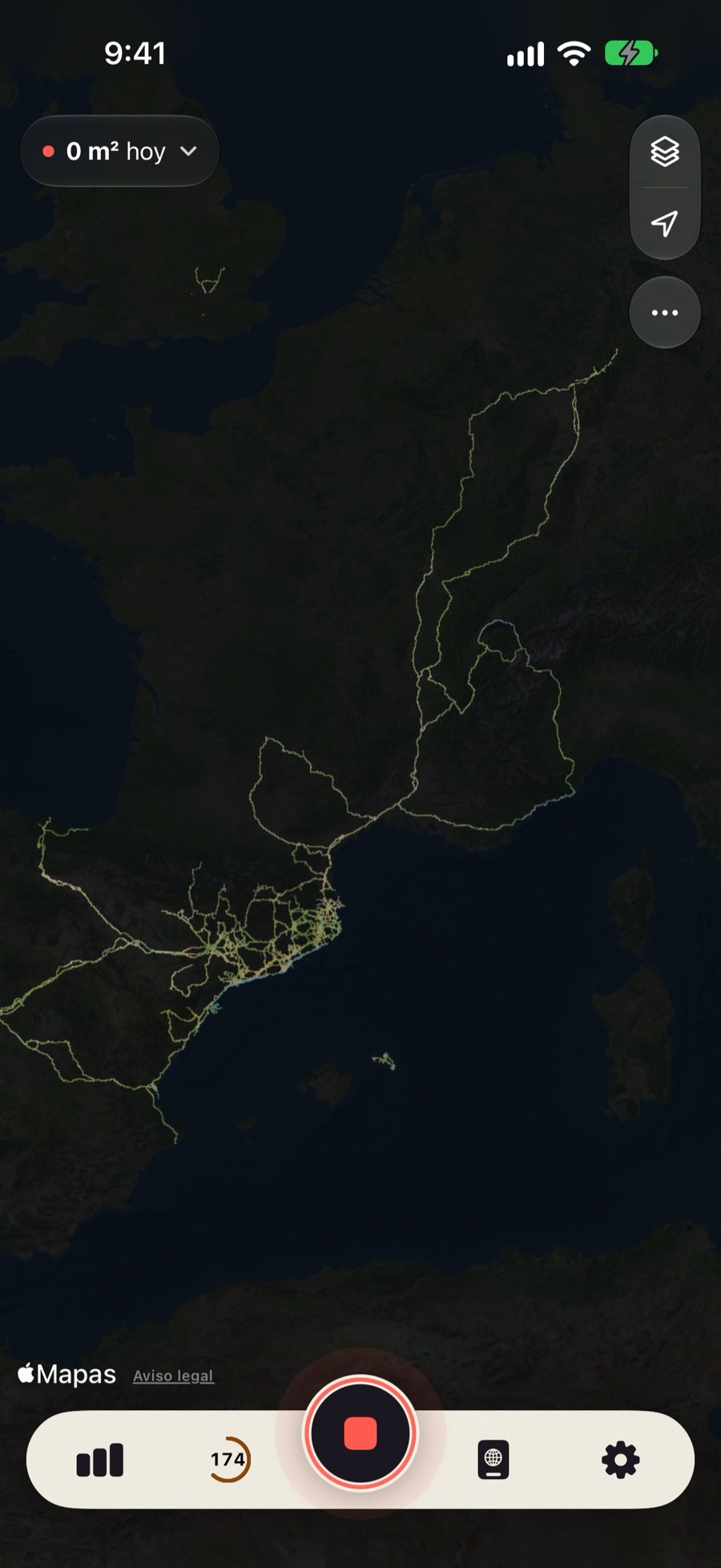 El mapa de noche sobre el satélite, con un paseo iluminado