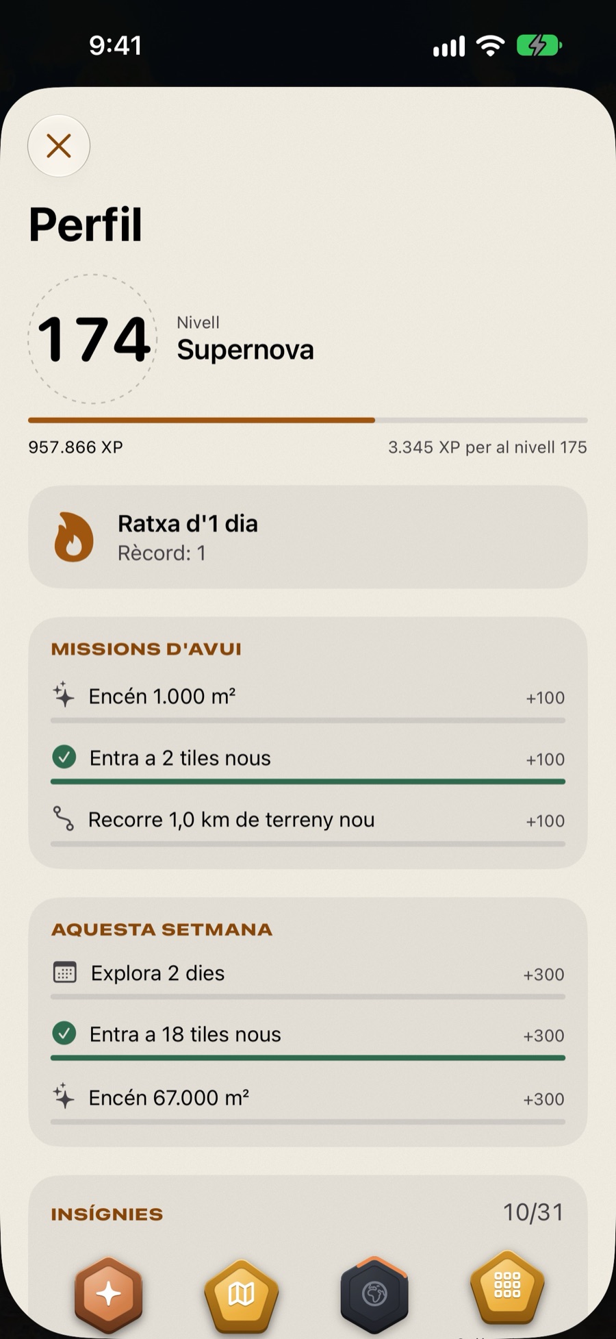 Perfil: nivell, missions i insígnies