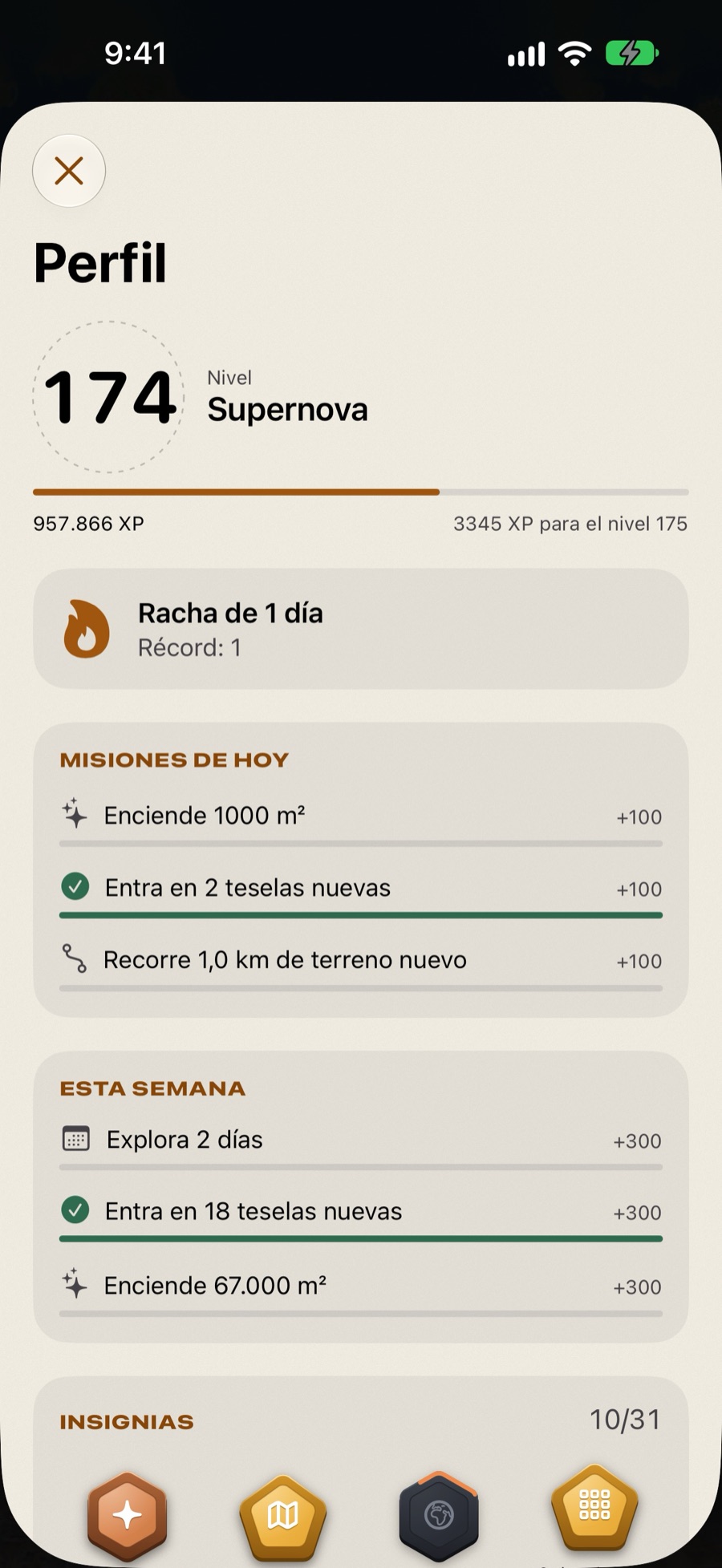 Perfil: nivel, misiones e insignias